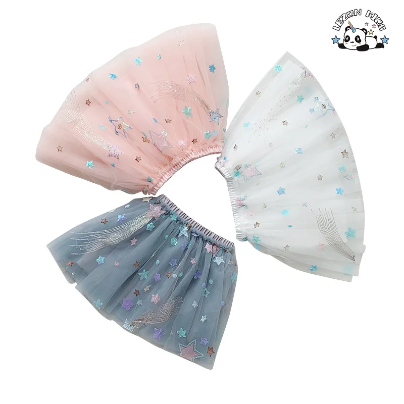 LEZONKIDS - Customizable Mesh Star Print Girls Dress Sweet Style Breathable Feature Bow Decoration Children's Skirt